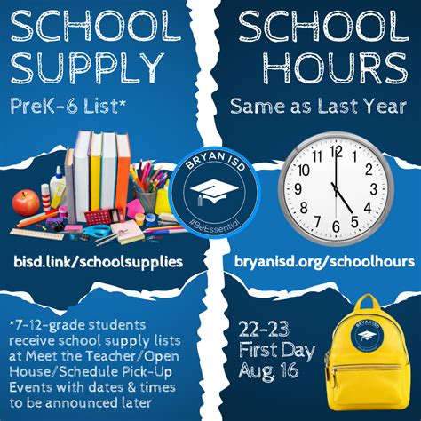 Bryan isd school supply list - Parent Visitors. Visitors will not be allowed into the school building at this time. Parents or guardians must remain in the safe corridor entry for all checkouts. 11 Oct. 2023.